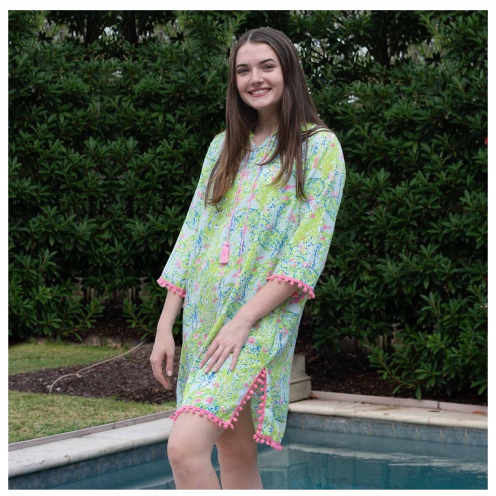 Royal Standard Maldives Lagoon Tunic Cover Up with Pom Poms, L/XL
